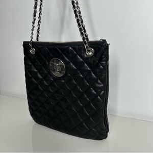 DKNY Black Quilted Nappa Leather Silver Chain Shoulder Double Strap Bag